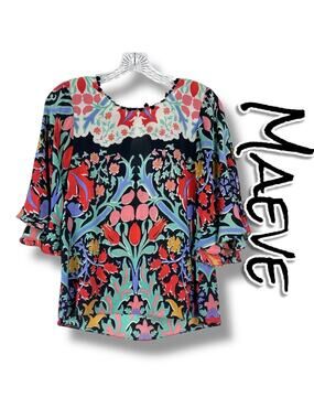 Maeve Folkart Kimono Silk Blouse Keyhole Back Bell Sleeves Sheer Womens Size 0